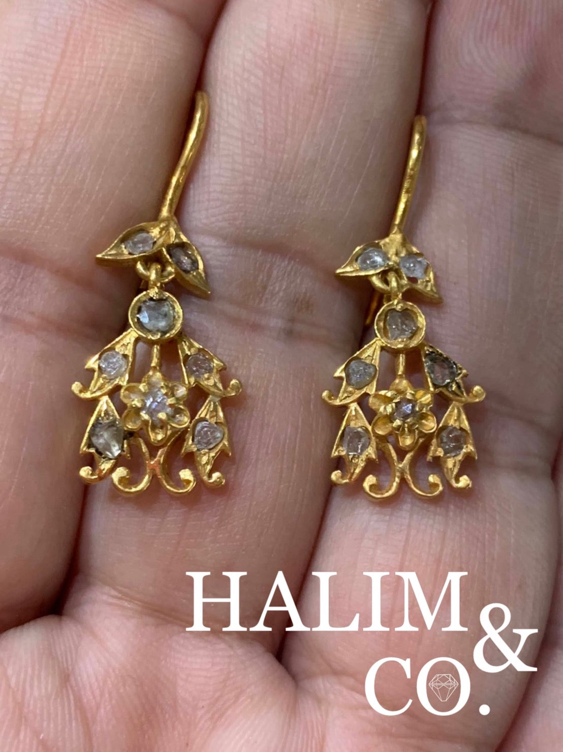 Antique Polki Diamond Dangle Earrings. Kebaya Jewelry / Peranakan Nyonya Jewelry
