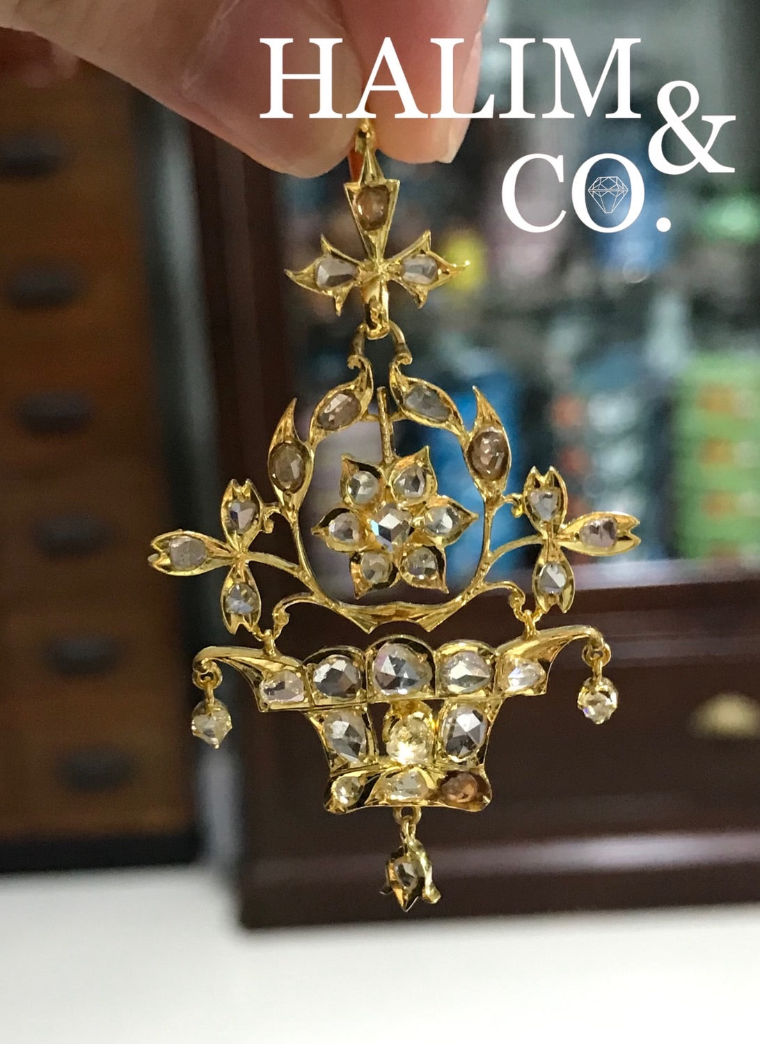 Antique Rose Cut Diamond Pendant With 18k Gold. Kebaya Jewelry / Peranakan Nyonya Jewelry