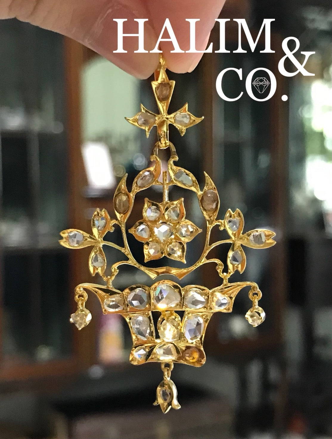 Antique Rose Cut Diamond Pendant With 18k Gold. Kebaya Jewelry / Peranakan Nyonya Jewelry
