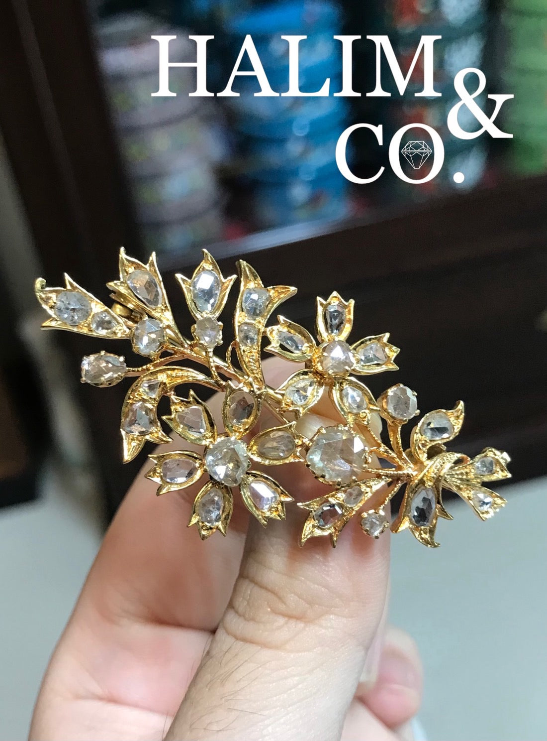 Antique Rose Cut Diamond Flower Brooch. Kebaya Jewelry / Peranakan Nyonya Jewelry