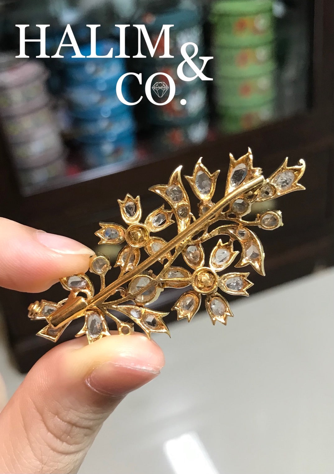 Antique Rose Cut Diamond Flower Brooch. Kebaya Jewelry / Peranakan Nyonya Jewelry