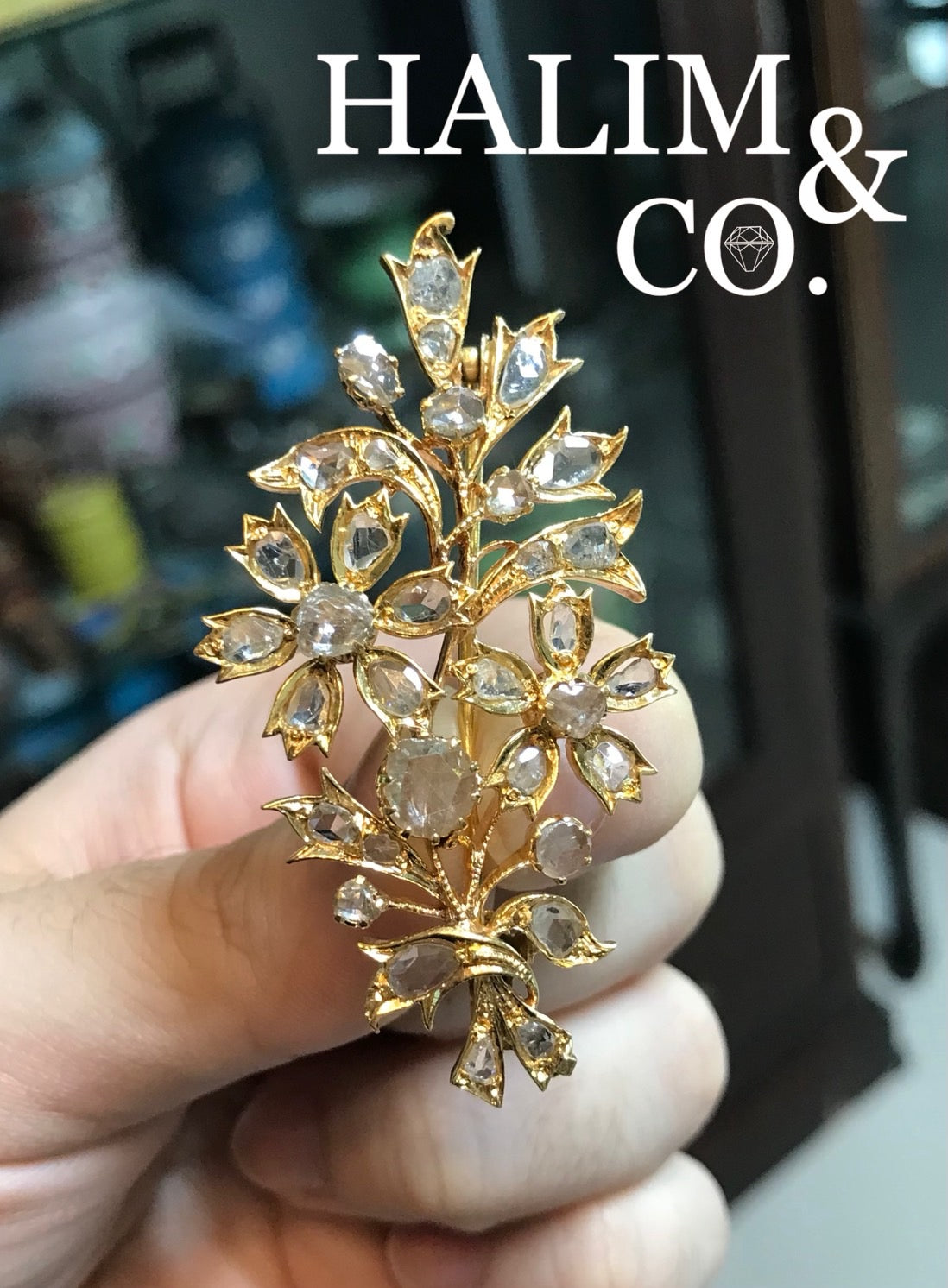 Antique Rose Cut Diamond Flower Brooch. Kebaya Jewelry / Peranakan Nyonya Jewelry