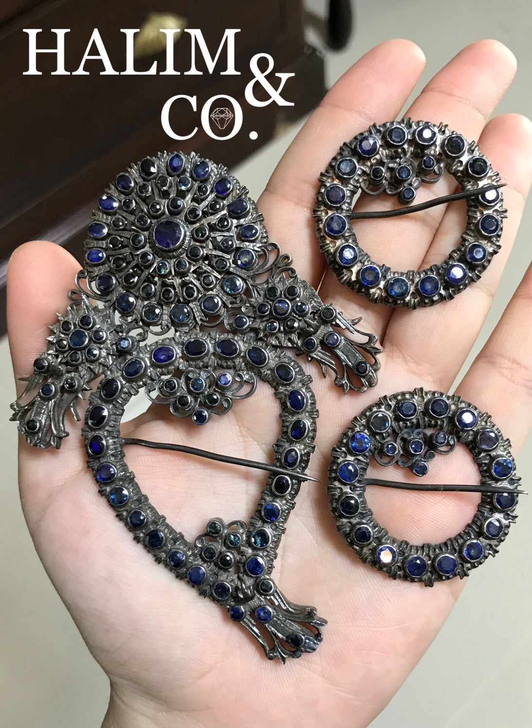 Antique Blue Sapphire Kerosang Nyonya Brooches Set With Silver. Kebaya Jewelry / Peranakan Nyonya Jewelry