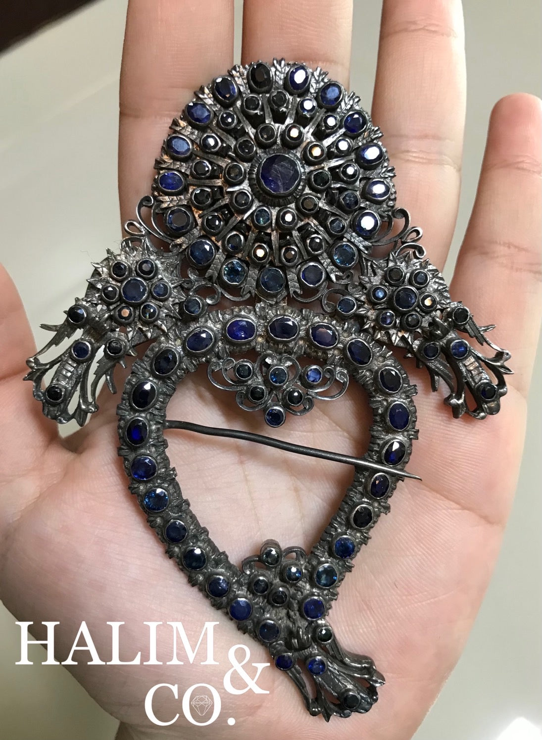 Antique Blue Sapphire Kerosang Nyonya Brooches Set With Silver. Kebaya Jewelry / Peranakan Nyonya Jewelry