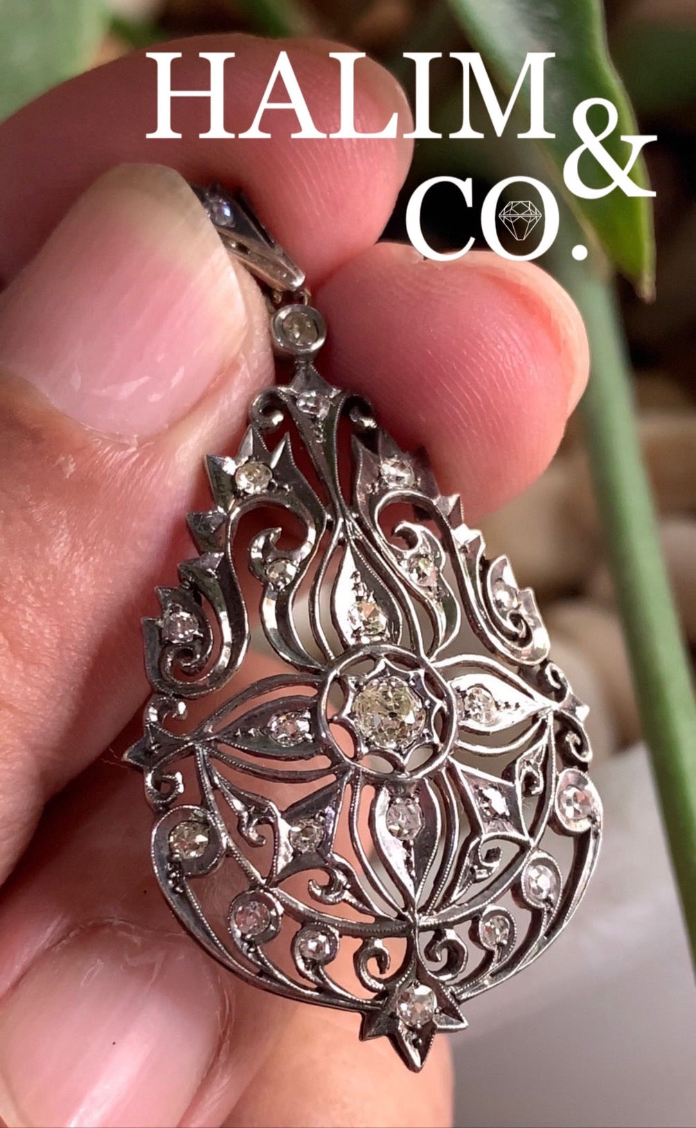 Antique Old Mine Cut Diamond Pendant With Old White Gold.