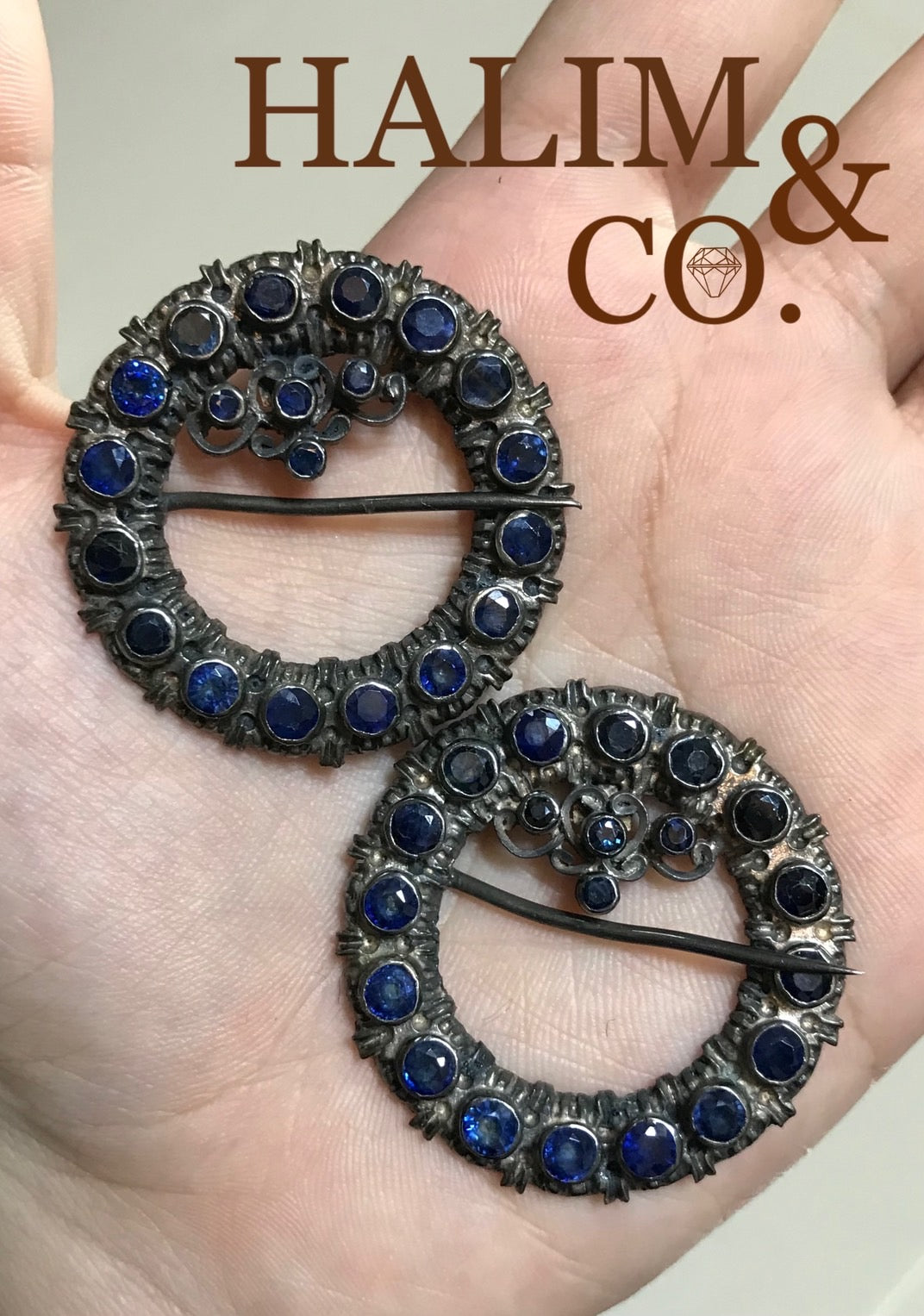 Antique Blue Sapphire Kerosang Nyonya Brooches Set With Silver. Kebaya Jewelry / Peranakan Nyonya Jewelry