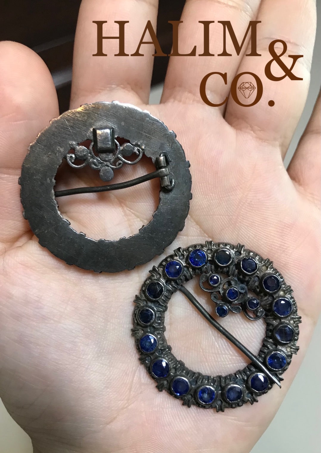 Antique Blue Sapphire Kerosang Nyonya Brooches Set With Silver. Kebaya Jewelry / Peranakan Nyonya Jewelry