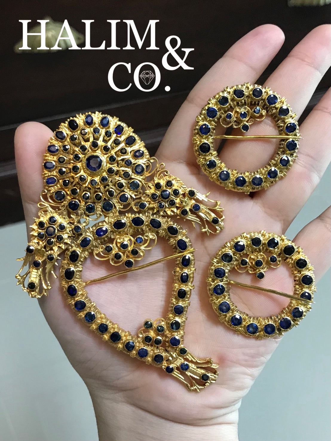 Antique Blue Sapphire Kerosang Thoe Brooches Set. Kebaya Jewelry / Peranakan Nyonya Jewelry