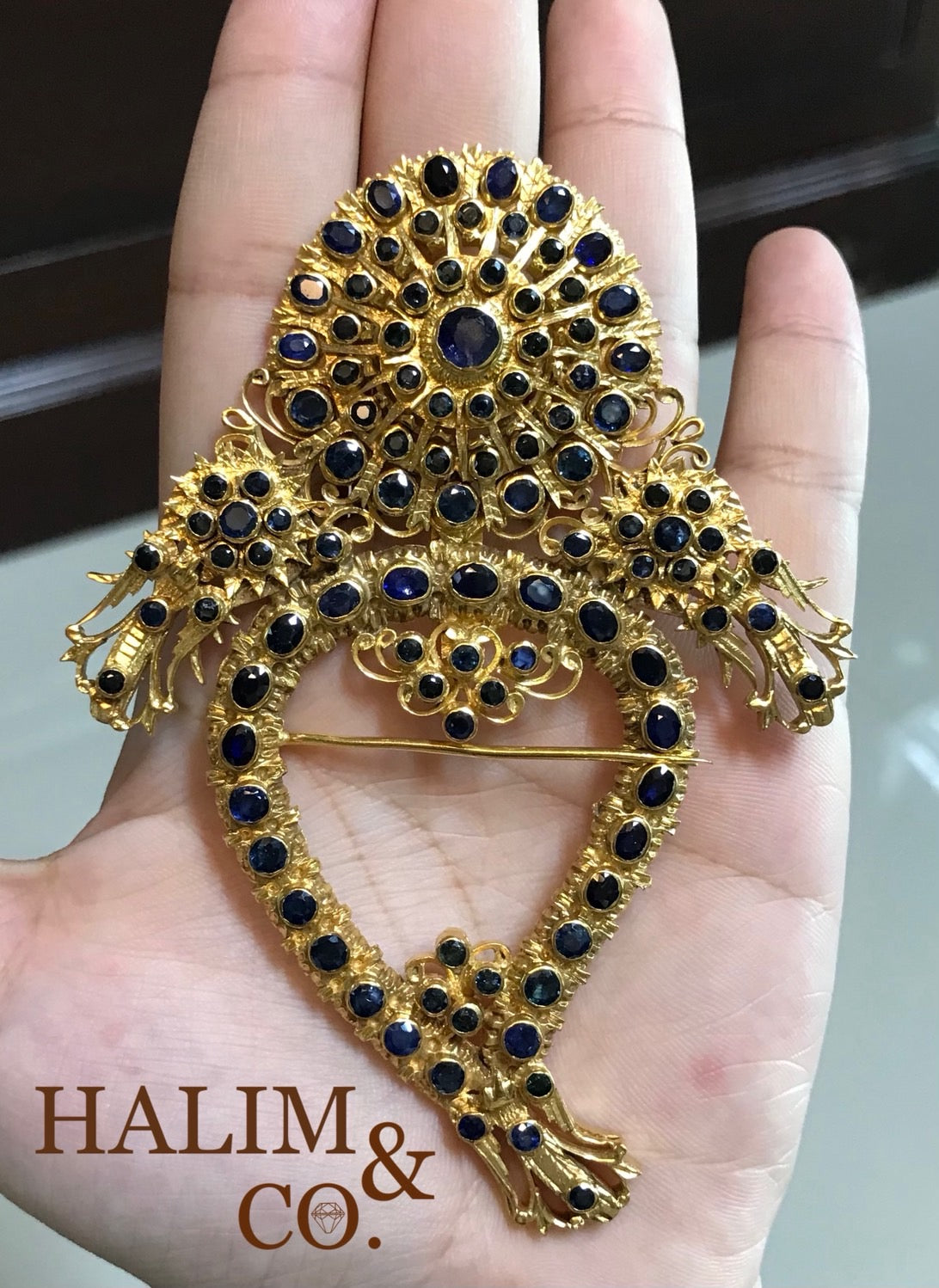 Antique Blue Sapphire Kerosang Thoe Brooches Set. Kebaya Jewelry / Peranakan Nyonya Jewelry