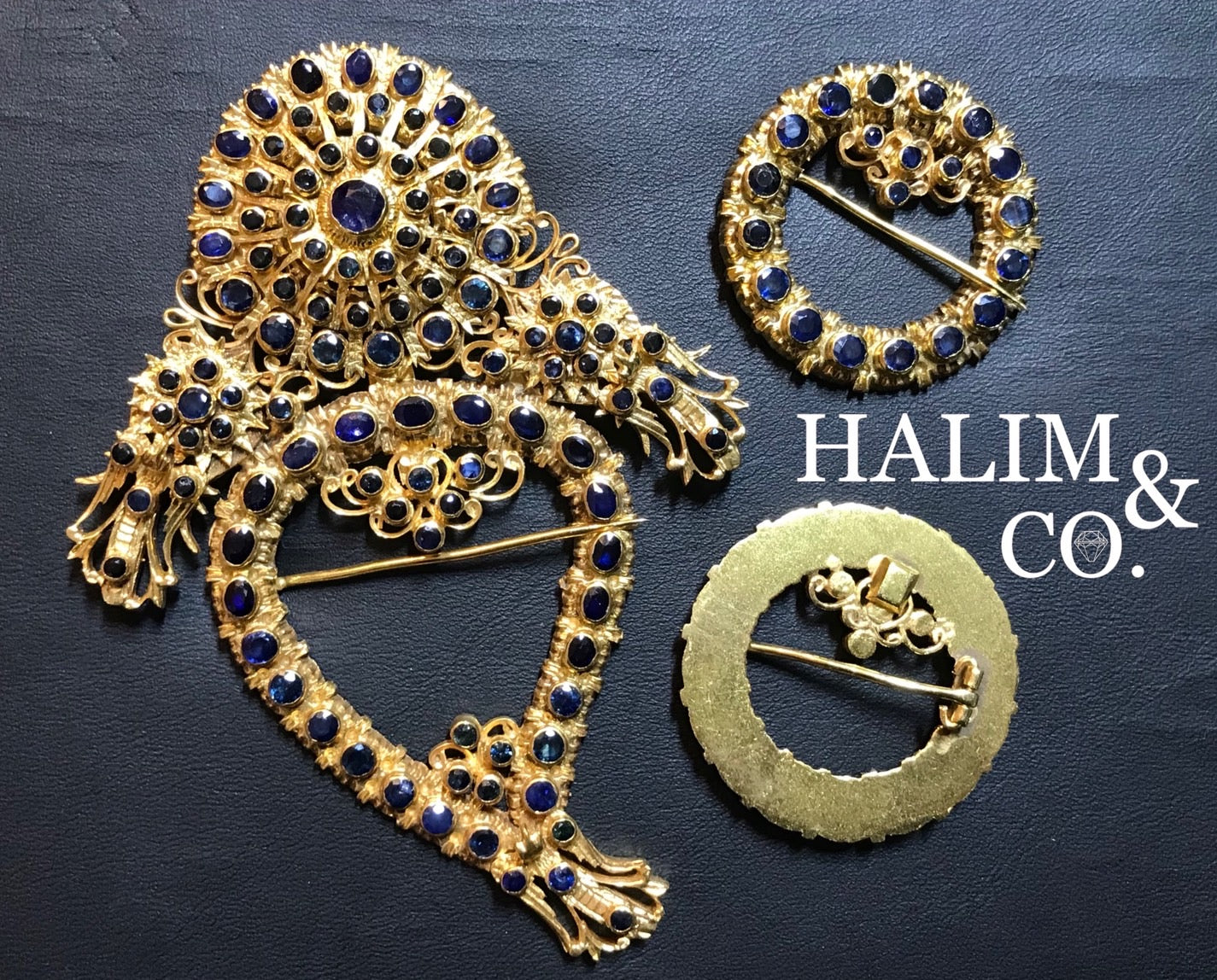 Antique Blue Sapphire Kerosang Thoe Brooches Set. Kebaya Jewelry / Peranakan Nyonya Jewelry