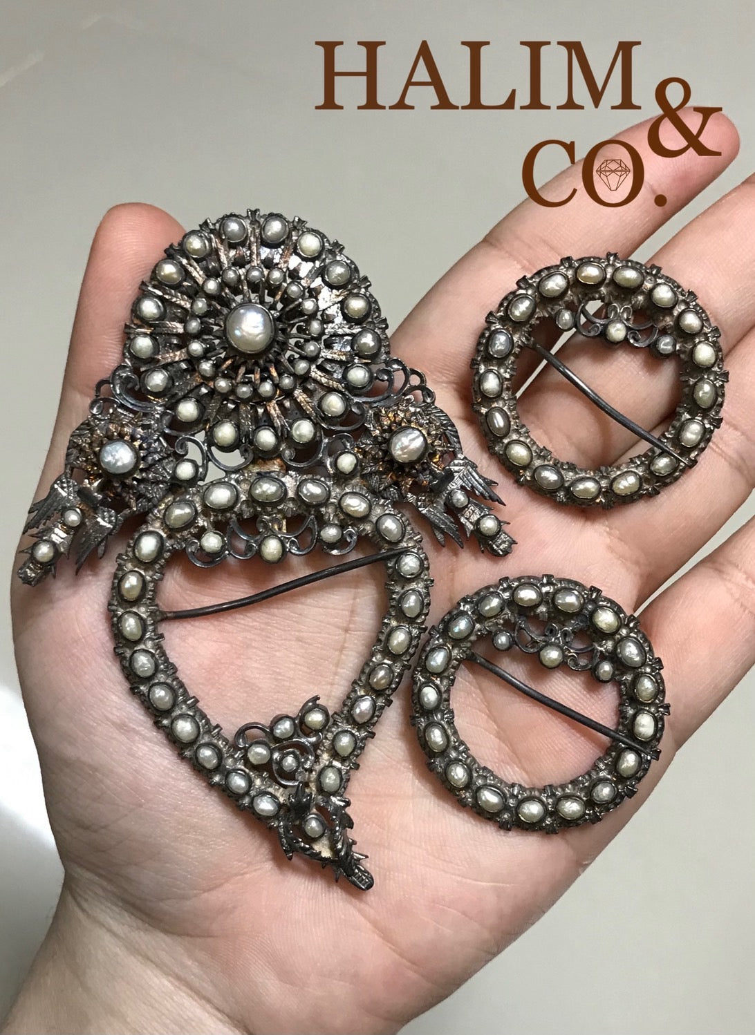 Antique Pearl Kerosang Thoe Brooches Set. Kebaya Jewelry / Peranakan Nyonya Jewelry