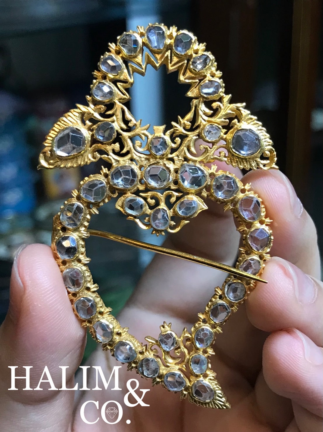 Antique Gold Plated Silver Brooch With Zircon. Kebaya Jewelry / Peranakan Nyonya Jewelry
