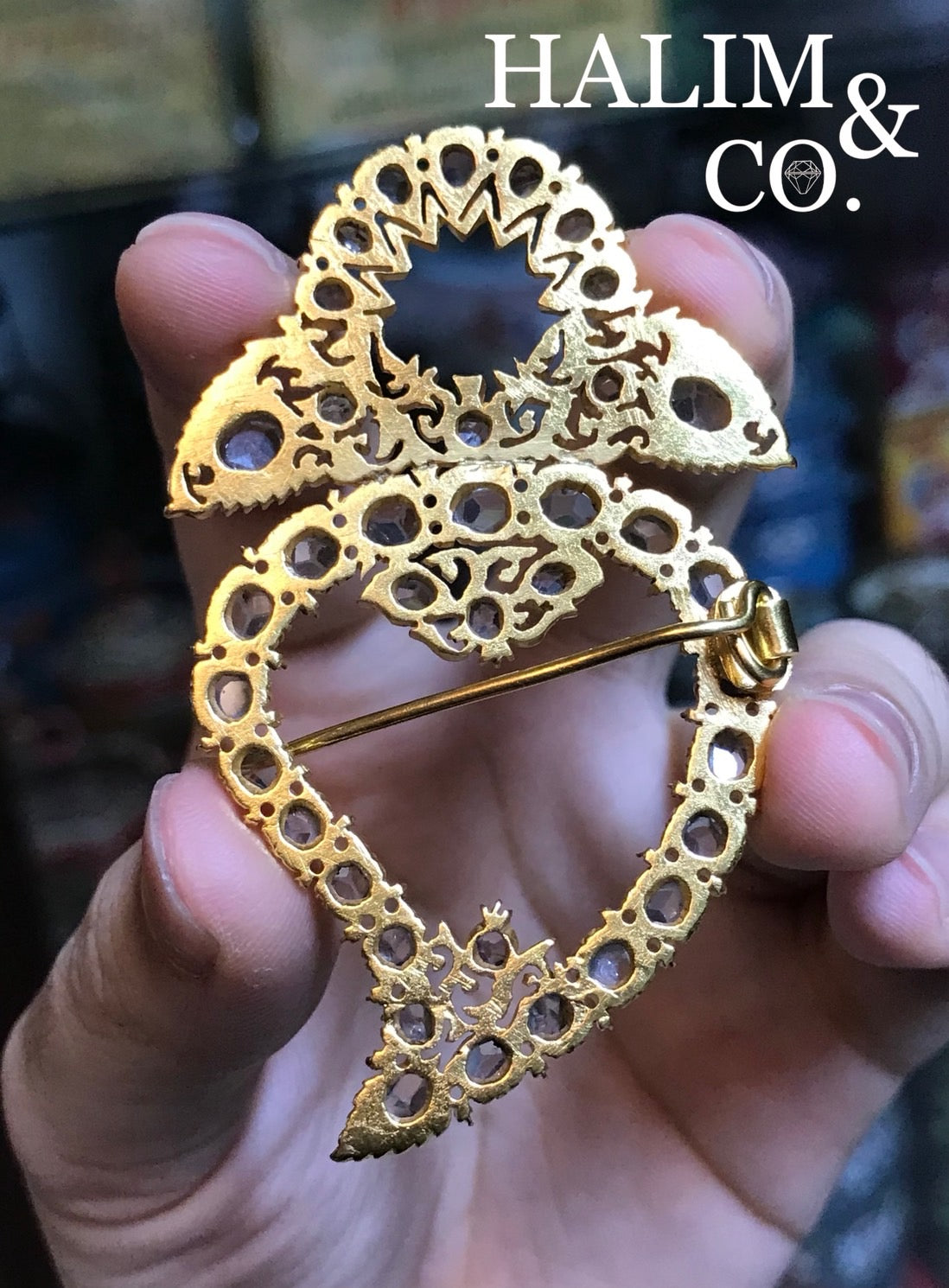 Antique Gold Plated Silver Brooch With Zircon. Kebaya Jewelry / Peranakan Nyonya Jewelry