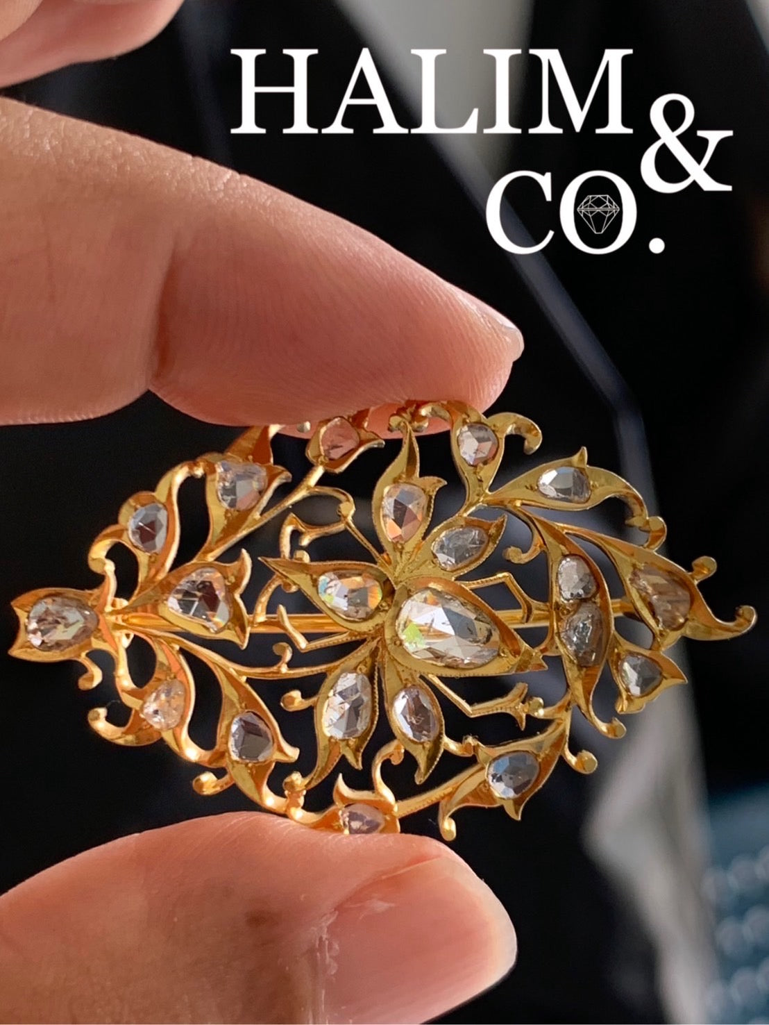 Antique Rose Cut Diamond Brooch With Gold. Kebaya Jewelry / Peranakan Nyonya Jewelry