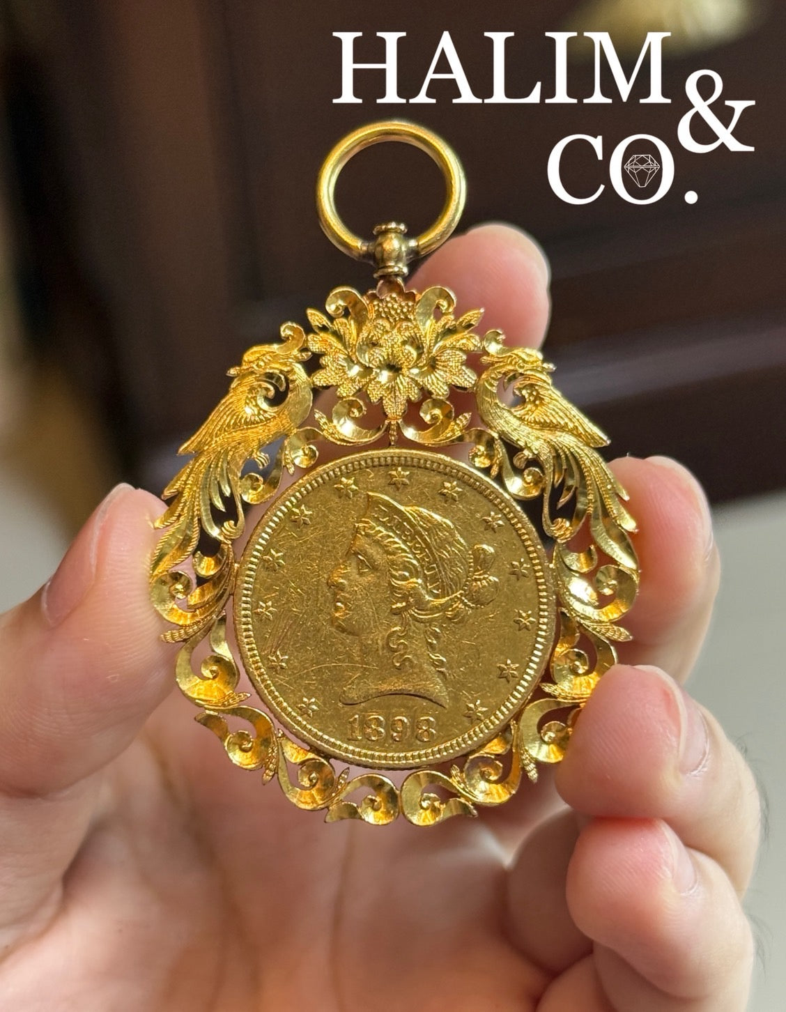 1898 United States 10 dollar Liberty Gold Coin Pendant. Kebaya Jewelry / Peranakan Nyonya Jewelry