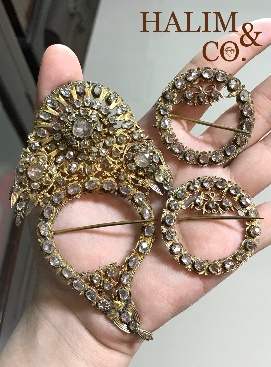 A gorgeous set of three antique zircon brooches set. Kebaya Jewelry / Peranakan Nyonya Jewelry Kebaya Jewelry / Peranakan Nyonya Jewelry