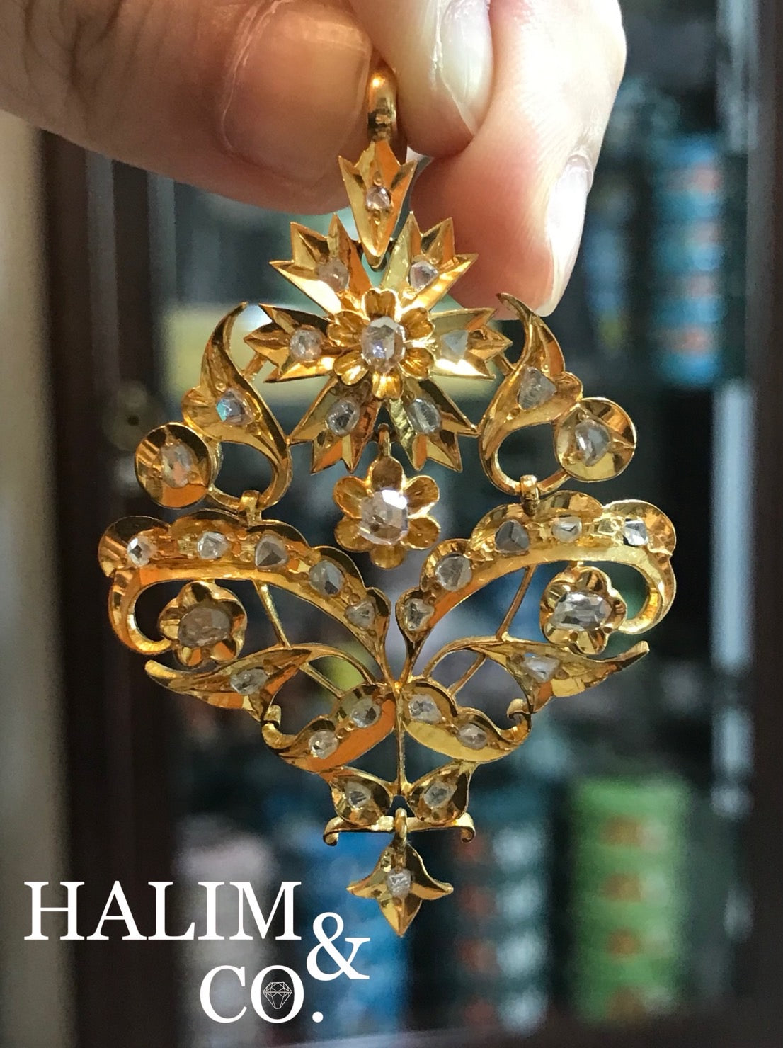 Antique Polki Diamond Flower Pendant With 14k Gold. Kebaya Jewelry / Peranakan Nyonya Jewelry