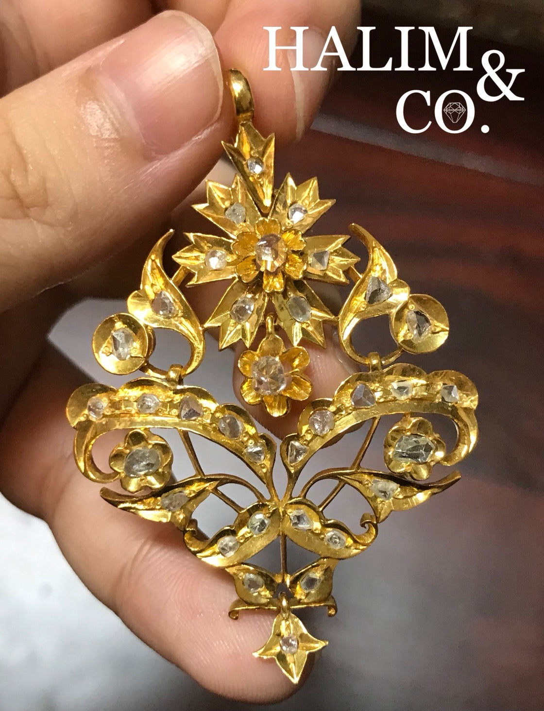 Antique Polki Diamond Flower Pendant With 14k Gold. Kebaya Jewelry / Peranakan Nyonya Jewelry