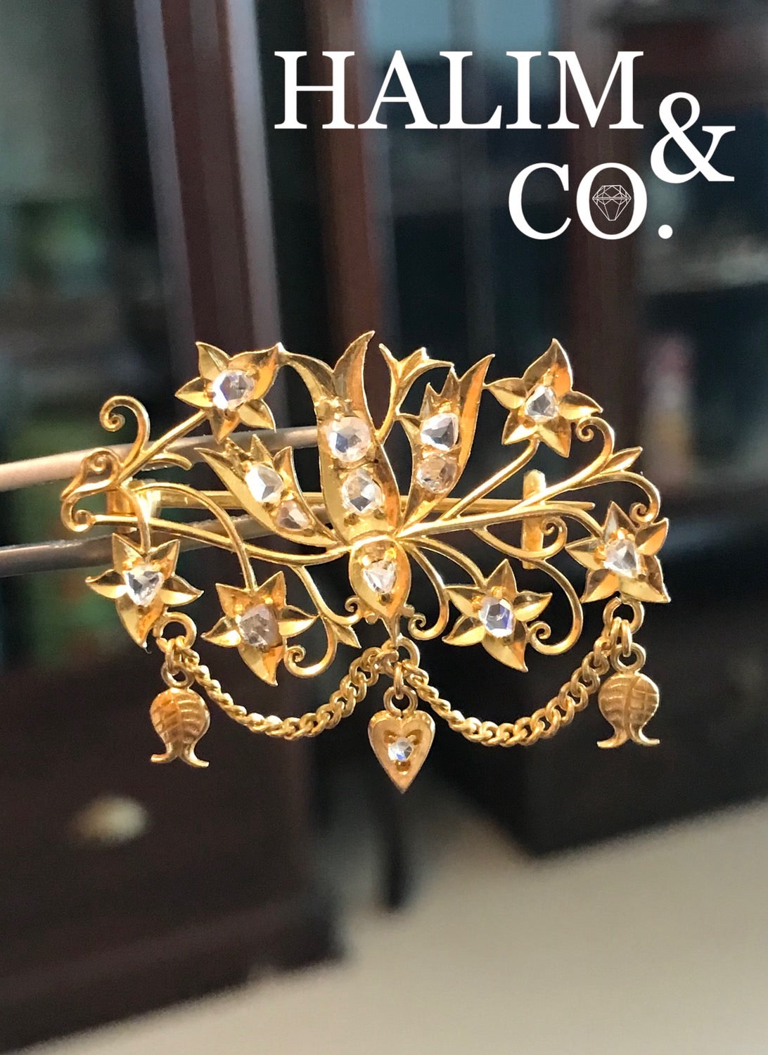 Antique Bird Rose Cut Diamond Brooch With 22k Gold. Kebaya Jewelry / Peranakan Nyonya Jewelry
