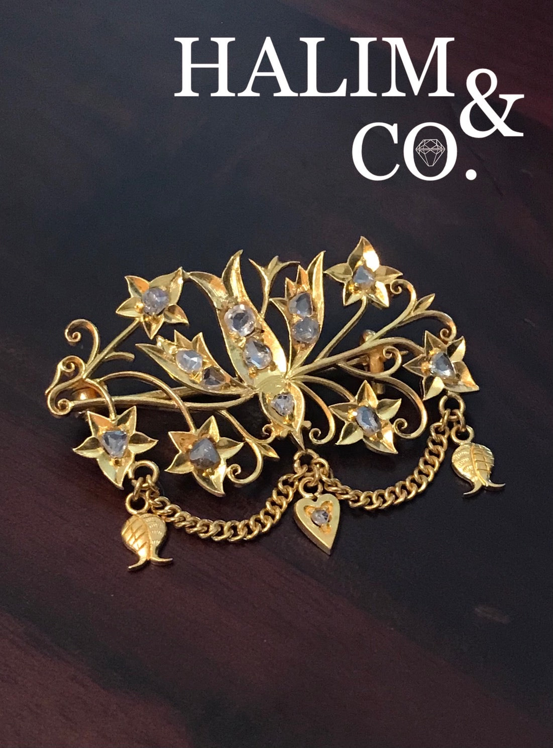 Antique Bird Rose Cut Diamond Brooch With 22k Gold. Kebaya Jewelry / Peranakan Nyonya Jewelry