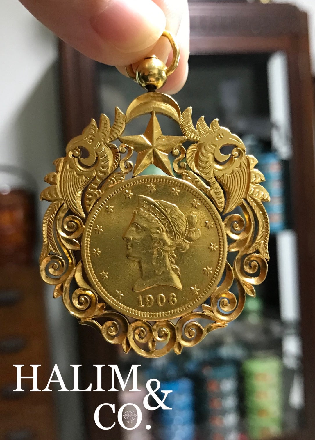1906 United States 10 dollar Liberty Gold Coin Pendant. Kebaya Jewelry / Peranakan Nyonya Jewelry