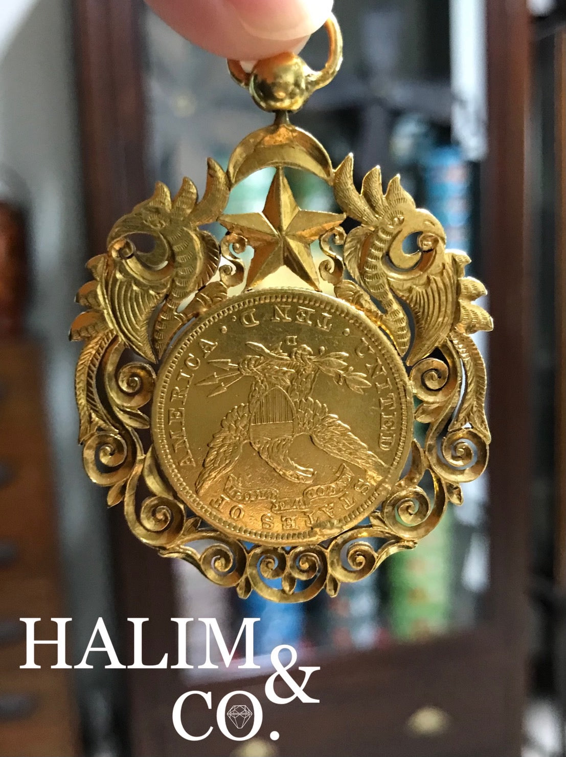1906 United States 10 dollar Liberty Gold Coin Pendant. Kebaya Jewelry / Peranakan Nyonya Jewelry