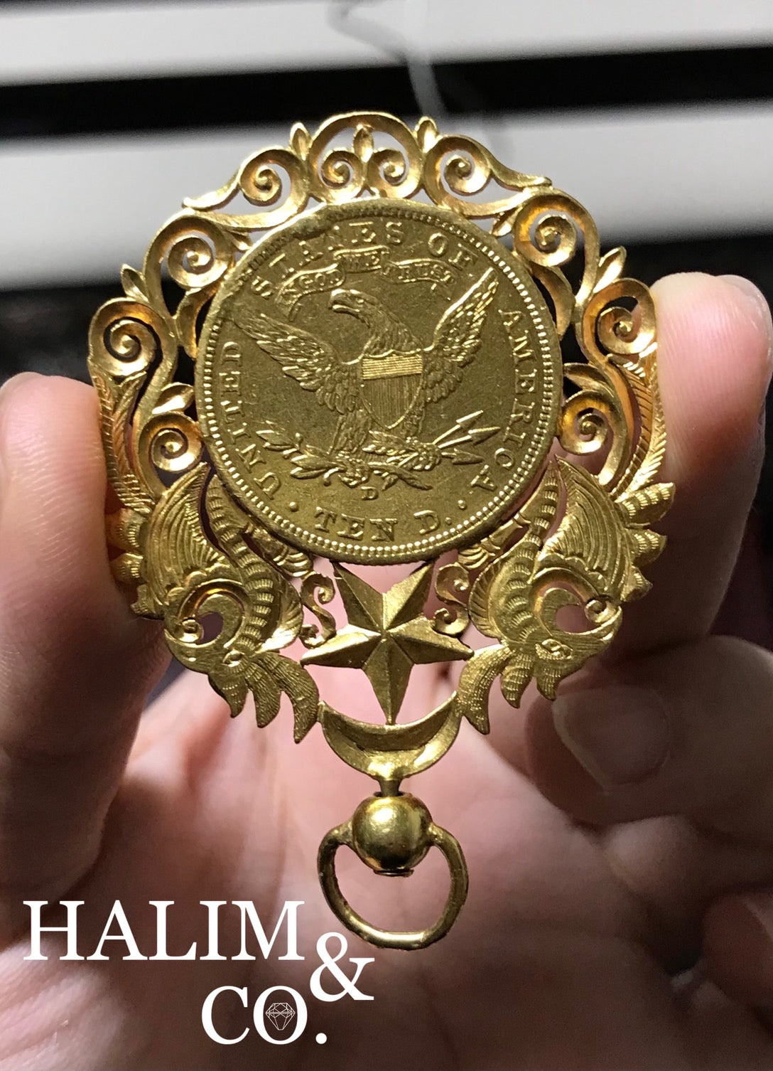 1906 United States 10 dollar Liberty Gold Coin Pendant. Kebaya Jewelry / Peranakan Nyonya Jewelry