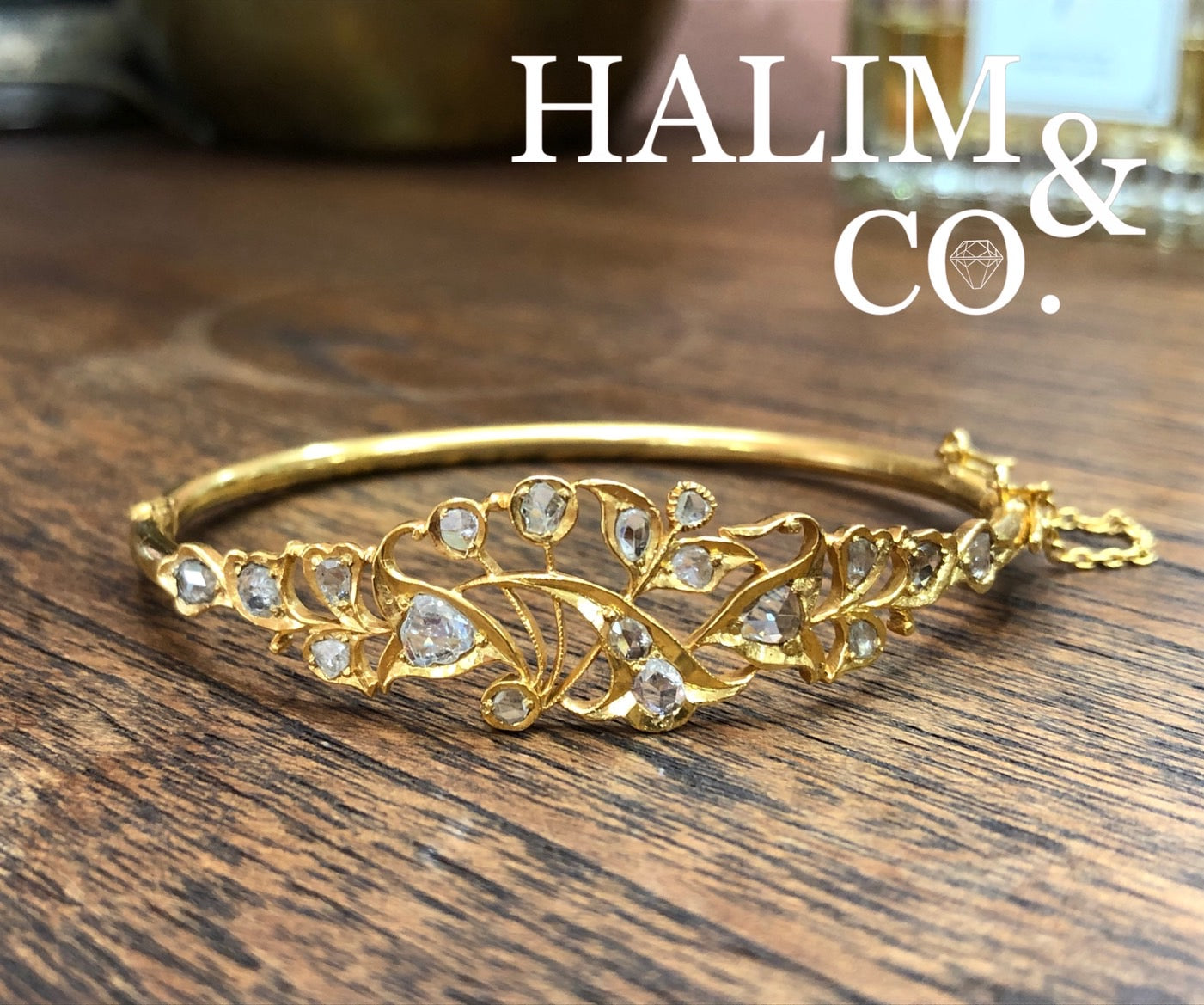 Antique Gold Bangle With Rose Cut Diamond. Kebaya Jewelry / Peranakan Nyonya Jewelry