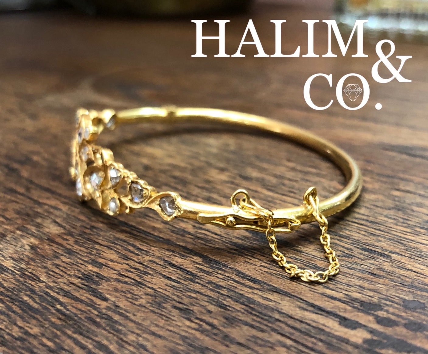 Antique Gold Bangle With Rose Cut Diamond. Kebaya Jewelry / Peranakan Nyonya Jewelry