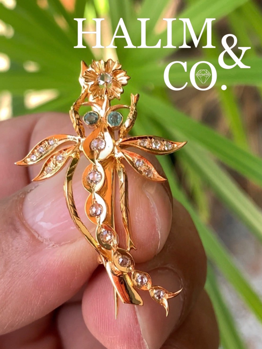 Antique Rose Cut Diamond Dragonfly Brooch With Emerald. Kebaya Jewelry / Peranakan Nyonya Jewelry