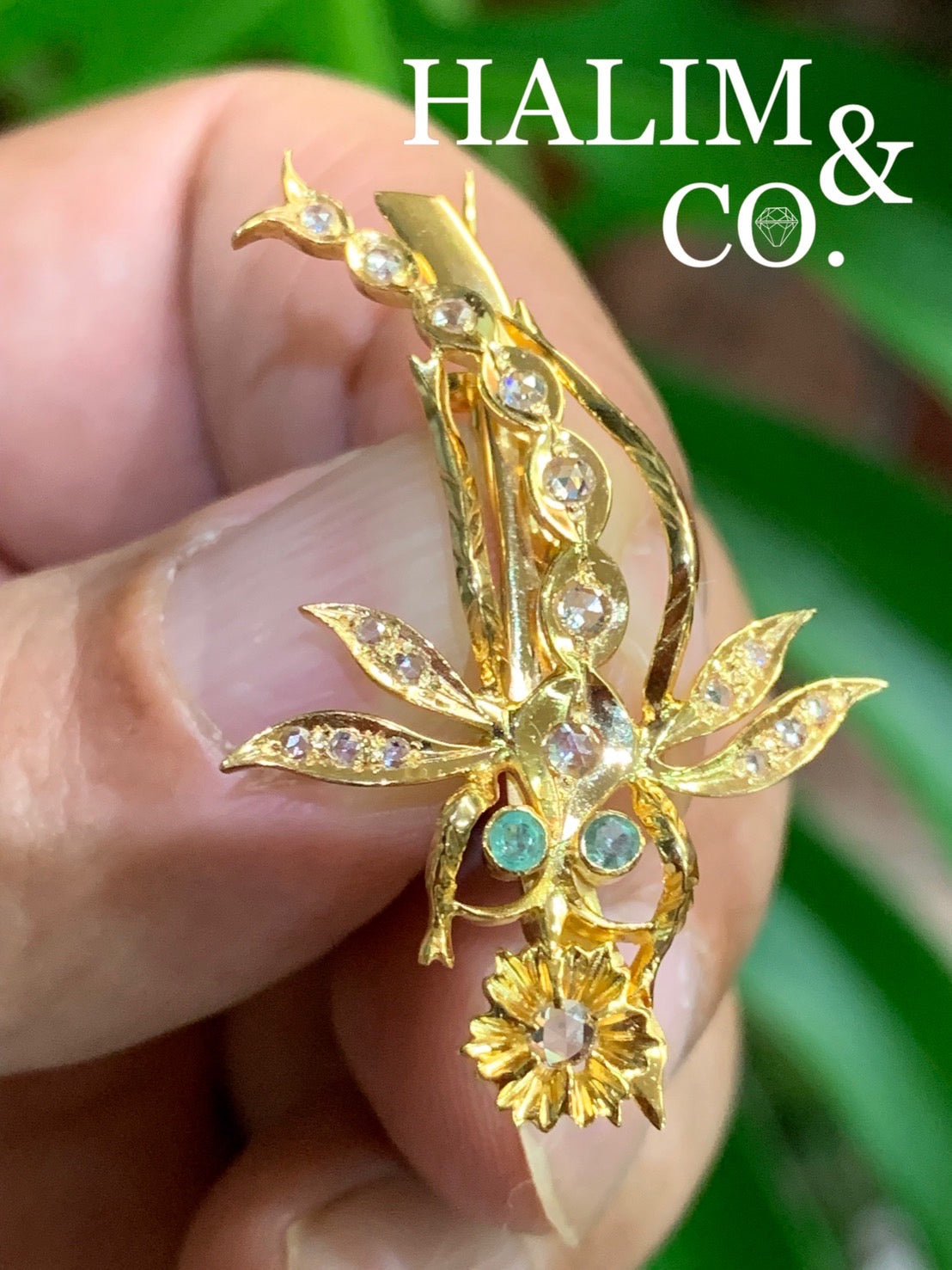 Antique Rose Cut Diamond Dragonfly Brooch With Emerald. Kebaya Jewelry / Peranakan Nyonya Jewelry