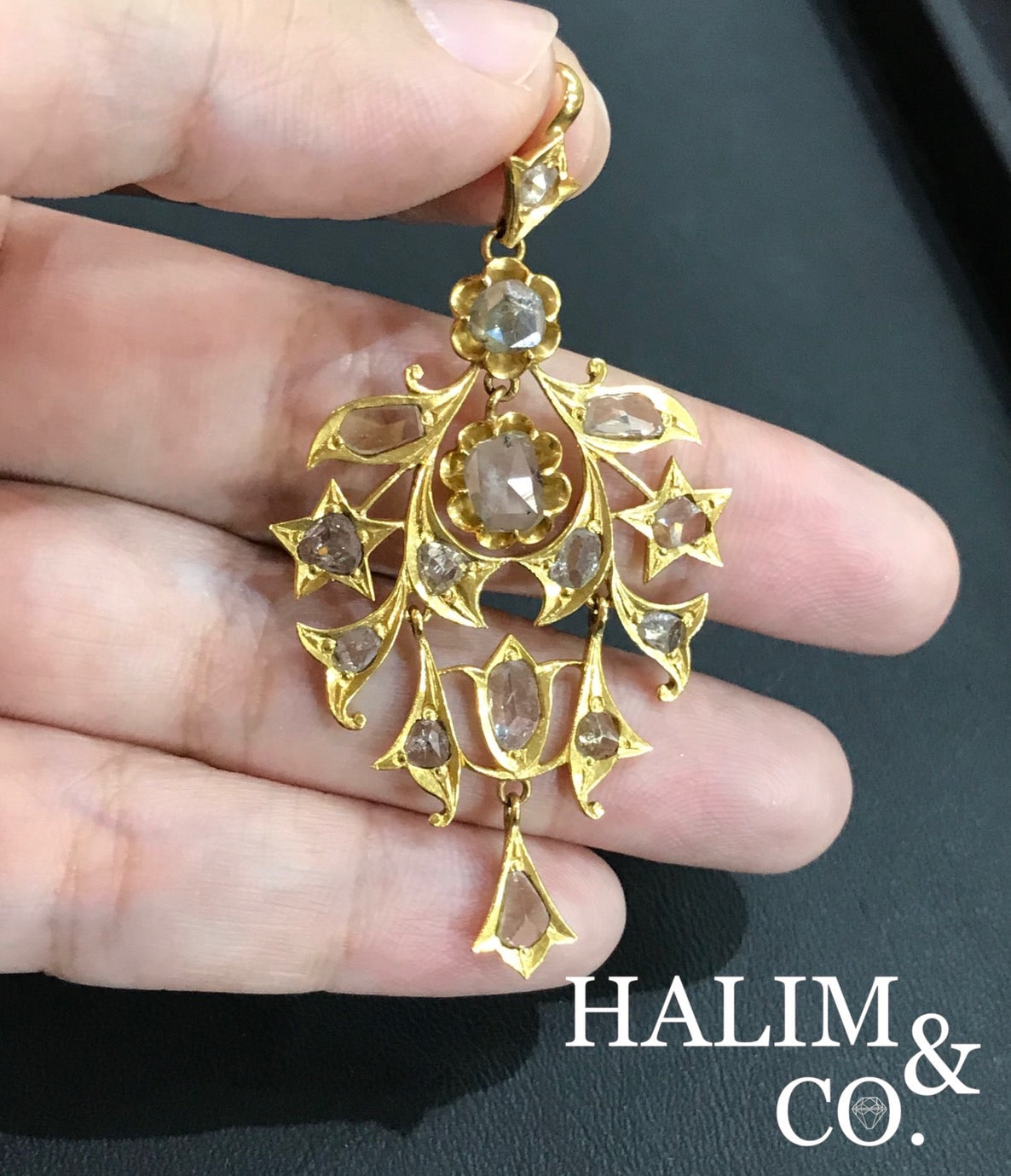 Antique Rose Cut Diamond Pendant. Peranakan Nyonya Jewelry