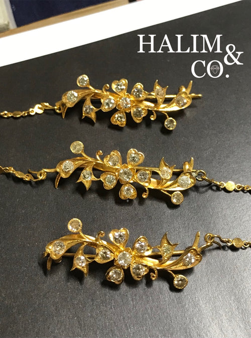 A gorgeous set of three antique gold brooches set with Old Cut Diamonds with patterned chains. Kebaya Jewelry / Peranakan Nyonya Jewelry