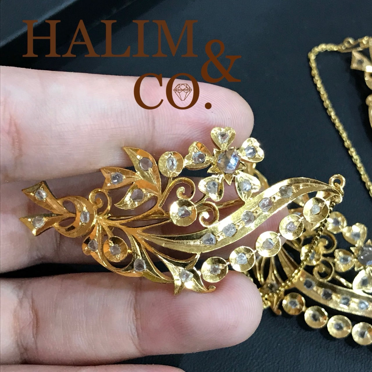 A gorgeous set of three antique gold flower brooches set with polki diamonds with patterned chains. Kebaya Jewelry / Peranakan Nyonya Jewelry