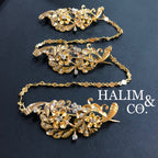 A gorgeous set of three antique gold brooches set with polki diamonds with patterned chains. Kebaya Jewelry / Peranakan Nyonya Jewelry