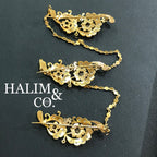 A gorgeous set of three antique gold brooches set with polki diamonds with patterned chains. Kebaya Jewelry / Peranakan Nyonya Jewelry