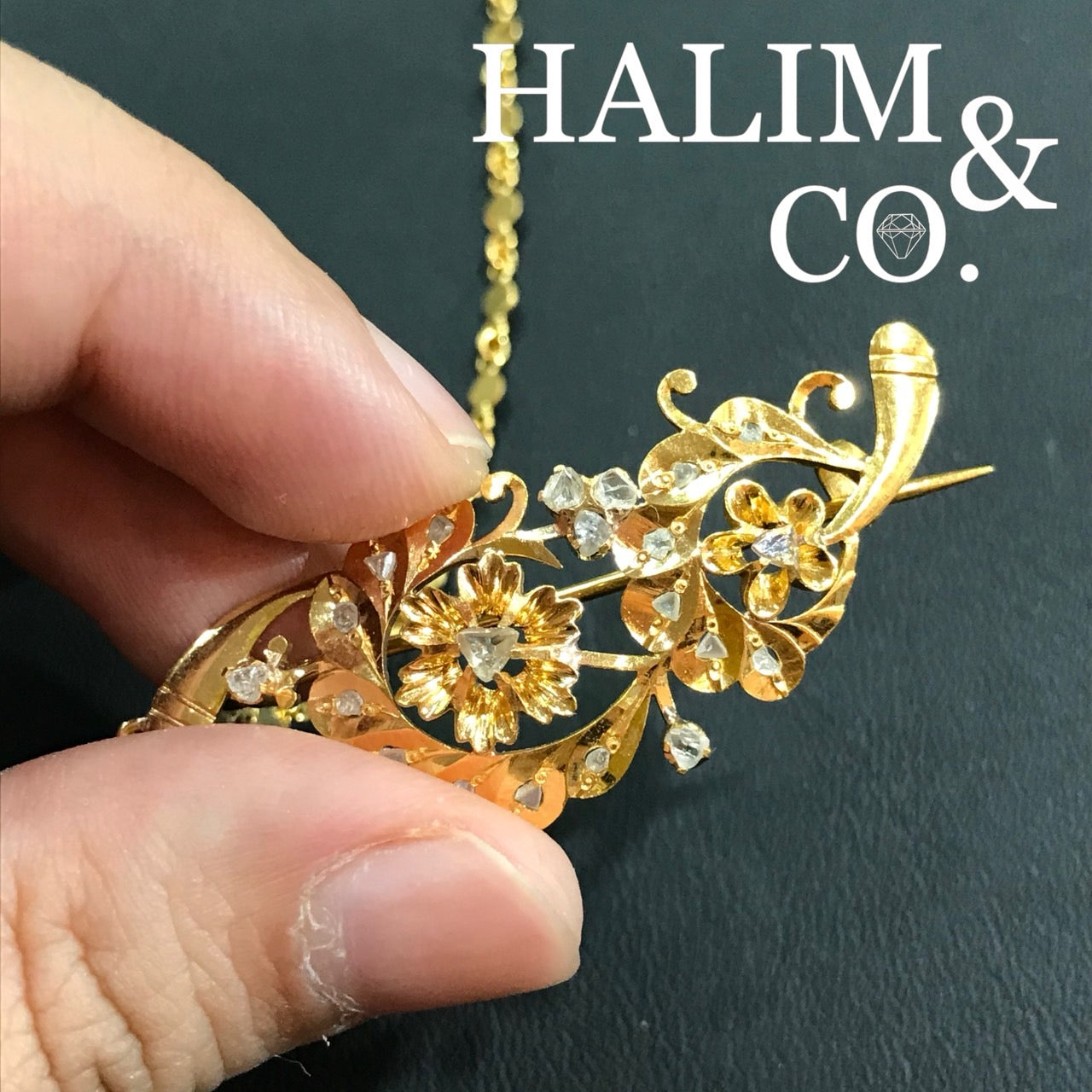 A gorgeous set of three antique gold brooches set with polki diamonds with patterned chains. Kebaya Jewelry / Peranakan Nyonya Jewelry