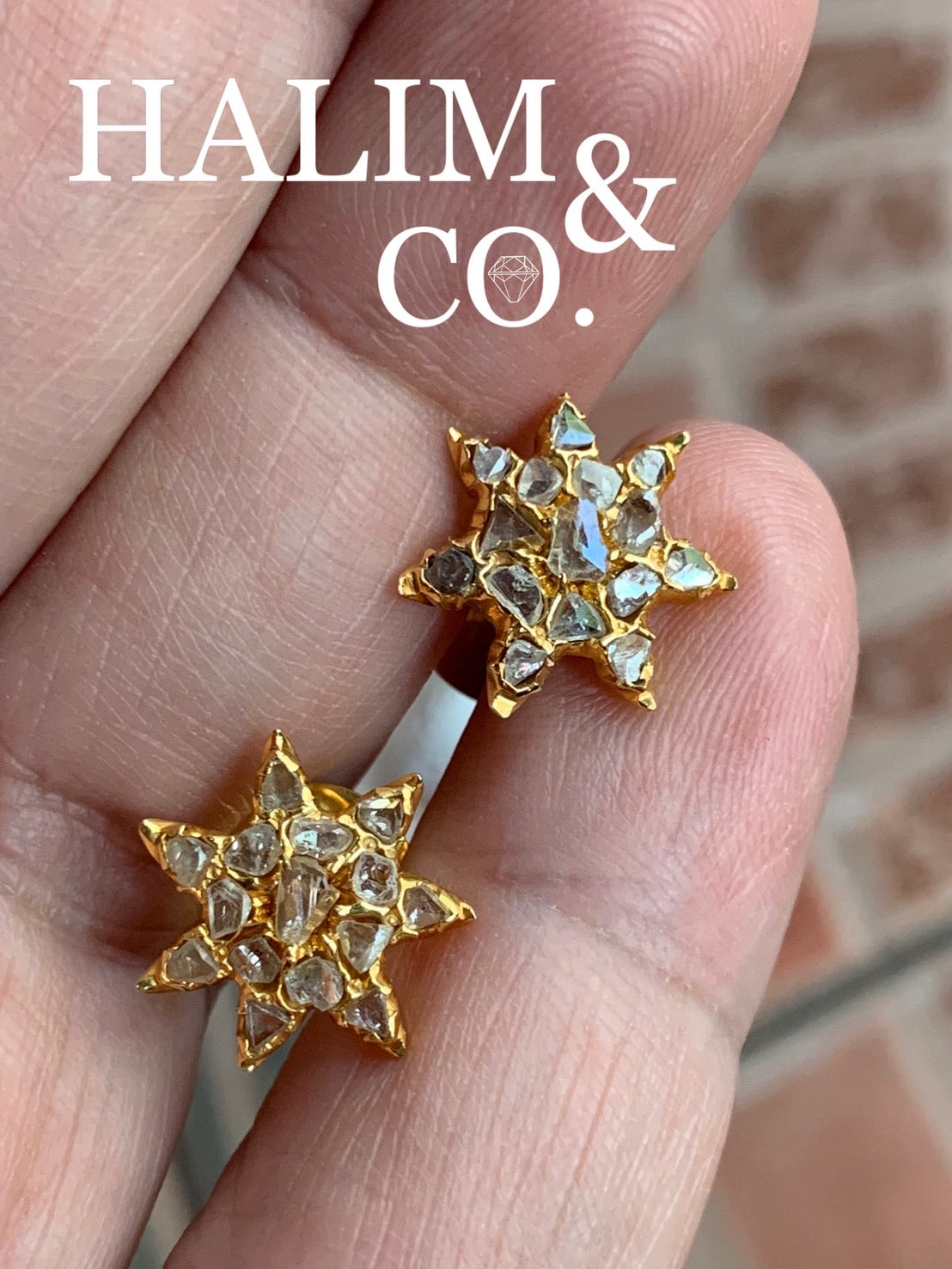 Antique Slice Polki Diamond Star Earrings. Kebaya Jewelry / Peranakan Nyonya Jewelry