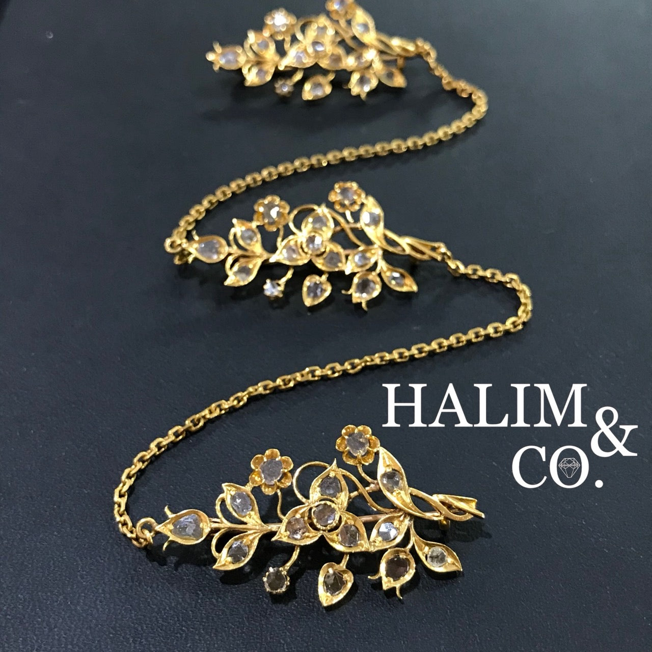 A gorgeous set of three antique gold brooches set with polki diamonds with patterned chains. Kebaya Jewelry / Peranakan Nyonya Jewelry