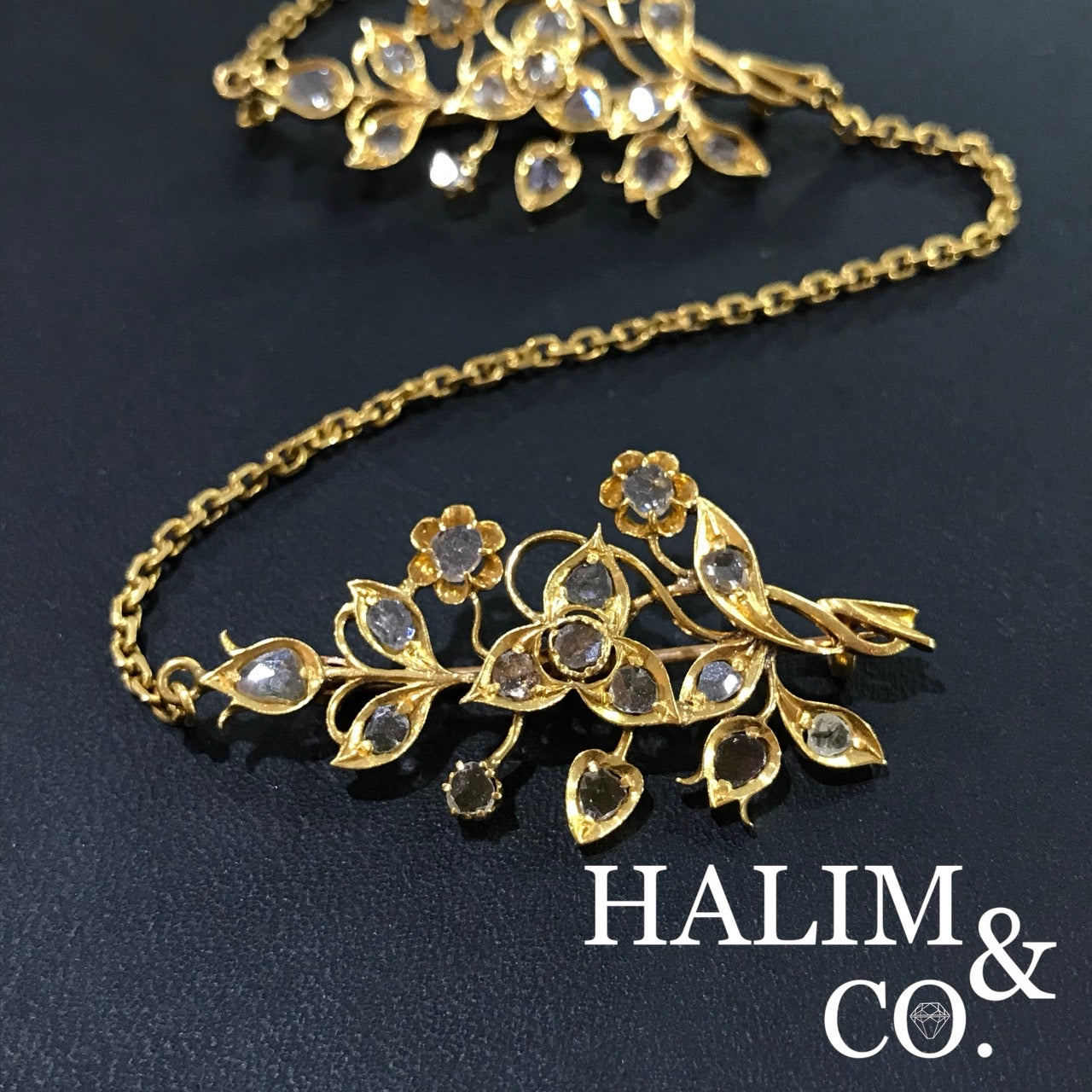 A gorgeous set of three antique gold brooches set with polki diamonds with patterned chains. Kebaya Jewelry / Peranakan Nyonya Jewelry