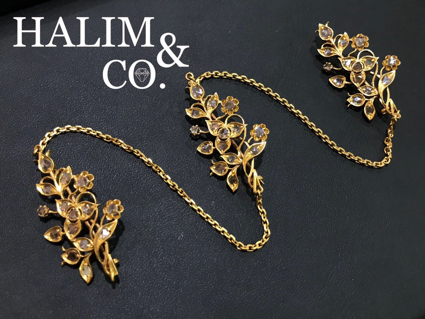 A gorgeous set of three antique gold brooches set with polki diamonds with patterned chains. Kebaya Jewelry / Peranakan Nyonya Jewelry