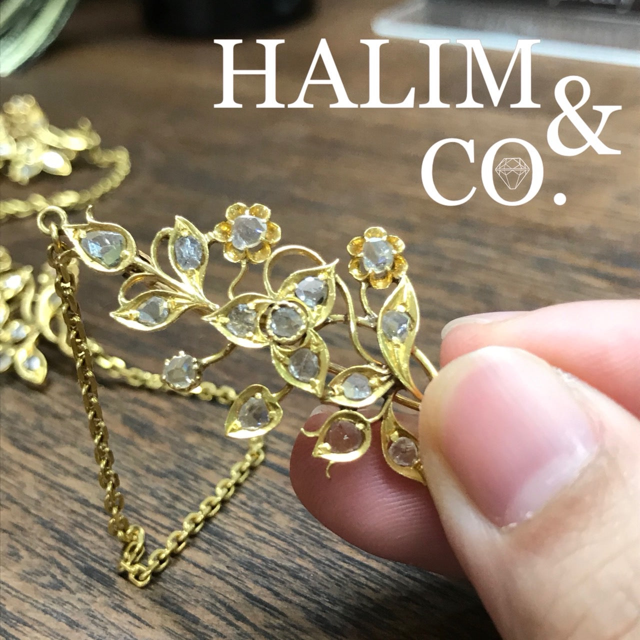 A gorgeous set of three antique gold brooches set with polki diamonds with patterned chains. Kebaya Jewelry / Peranakan Nyonya Jewelry