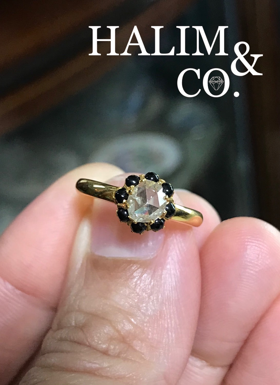Antique Rose Cut Diamond And Black Spinel Ring With 18k Gold. Kebaya Jewelry / Peranakan Nyonya Jewelry