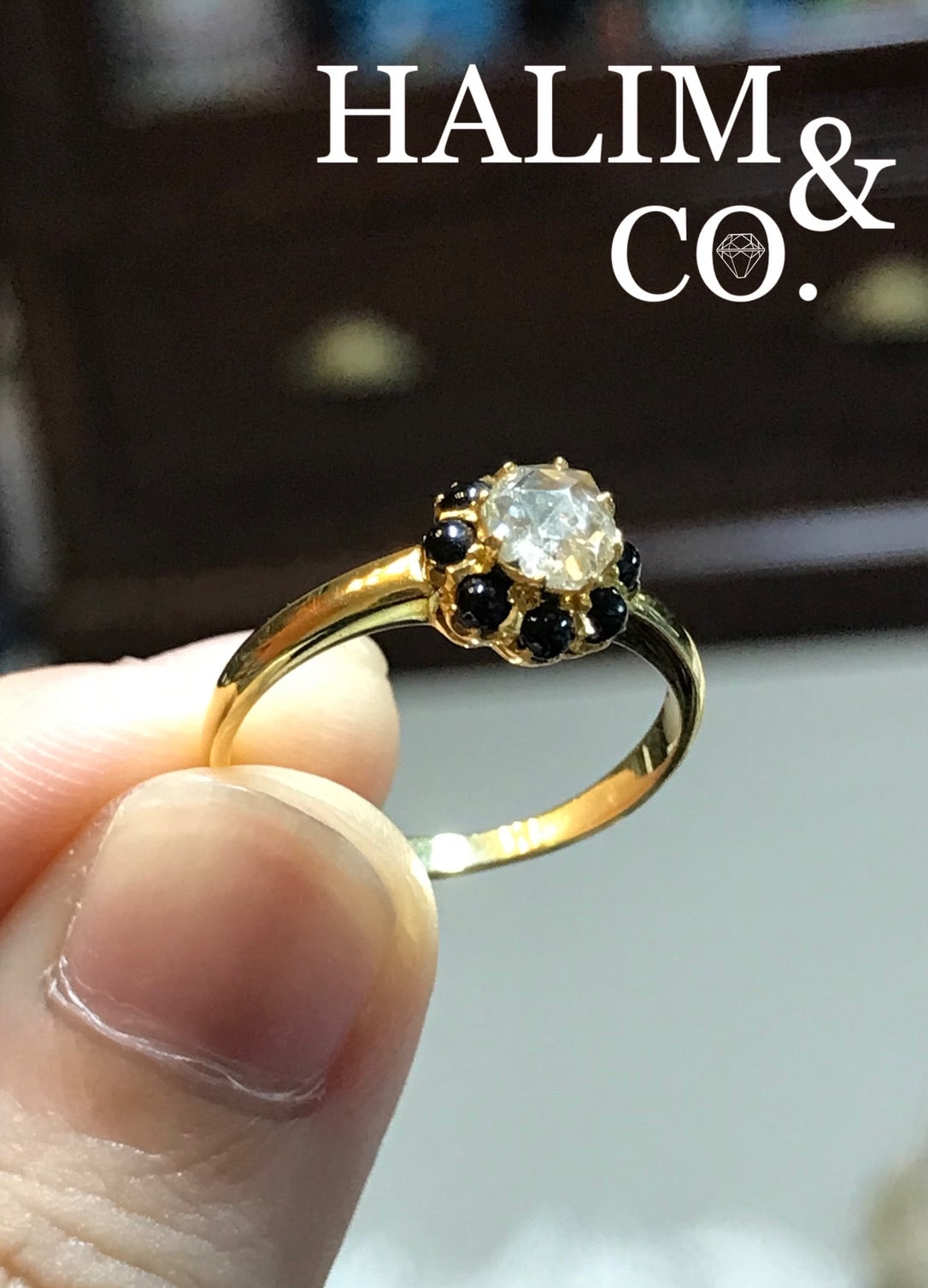 Antique Rose Cut Diamond And Black Spinel Ring With 18k Gold. Kebaya Jewelry / Peranakan Nyonya Jewelry