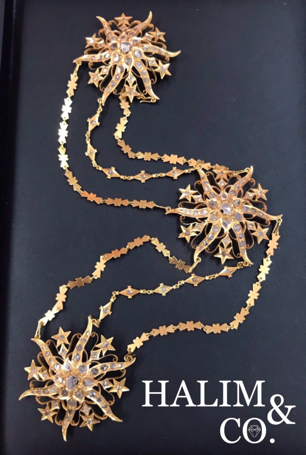 A gorgeous set of three antique slice polki diamond brooches set with detachable chains. Kebaya Jewelry / Peranakan Nyonya Jewelry
