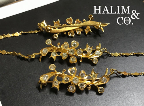 A gorgeous set of three antique gold brooches set with Old Cut Diamonds with patterned chains. Kebaya Jewelry / Peranakan Nyonya Jewelry