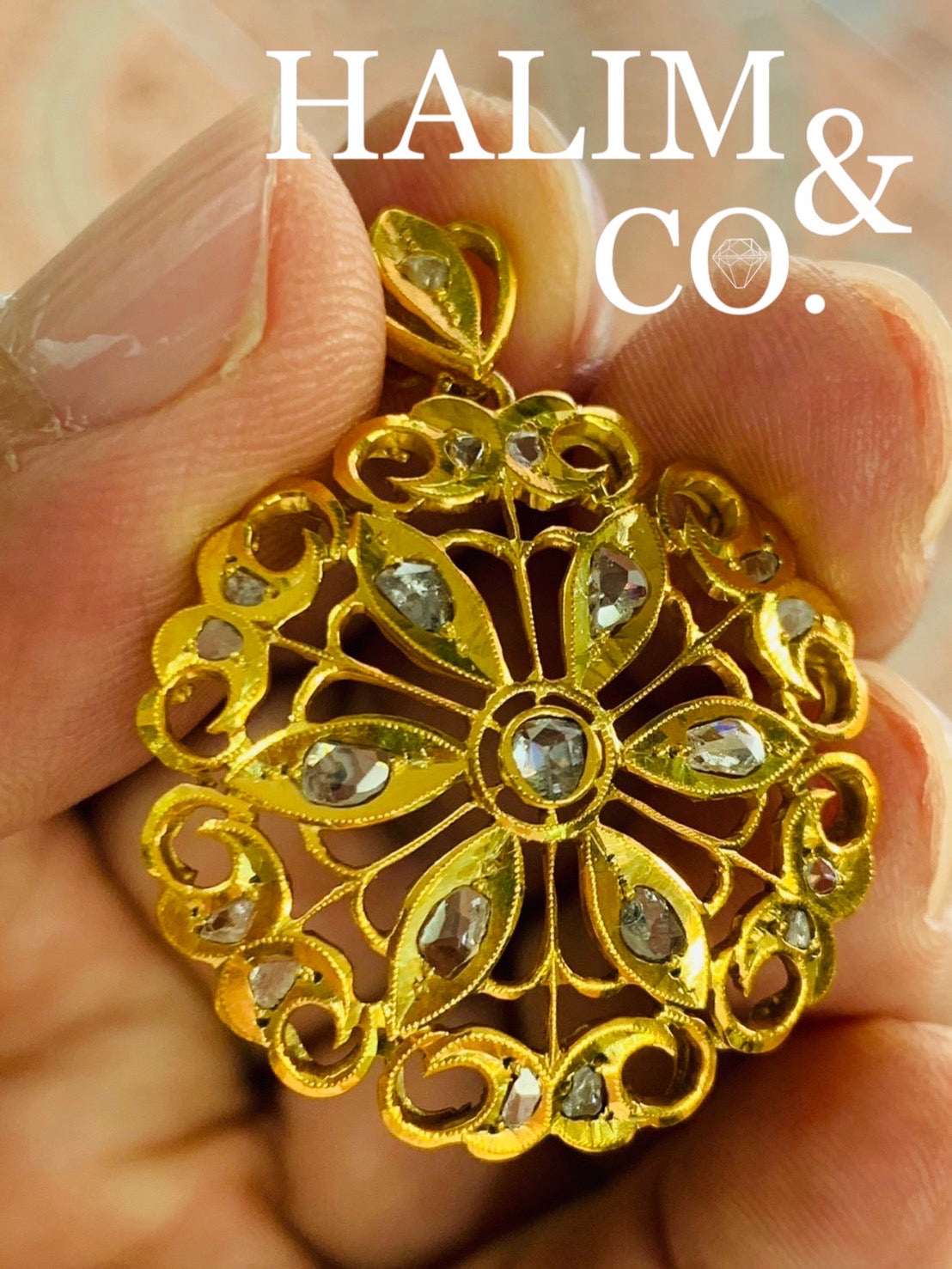 Antique Floral Polki Diamond Pendant With 10k Gold. Kebaya Jewelry / Peranakan Nyonya Jewelry