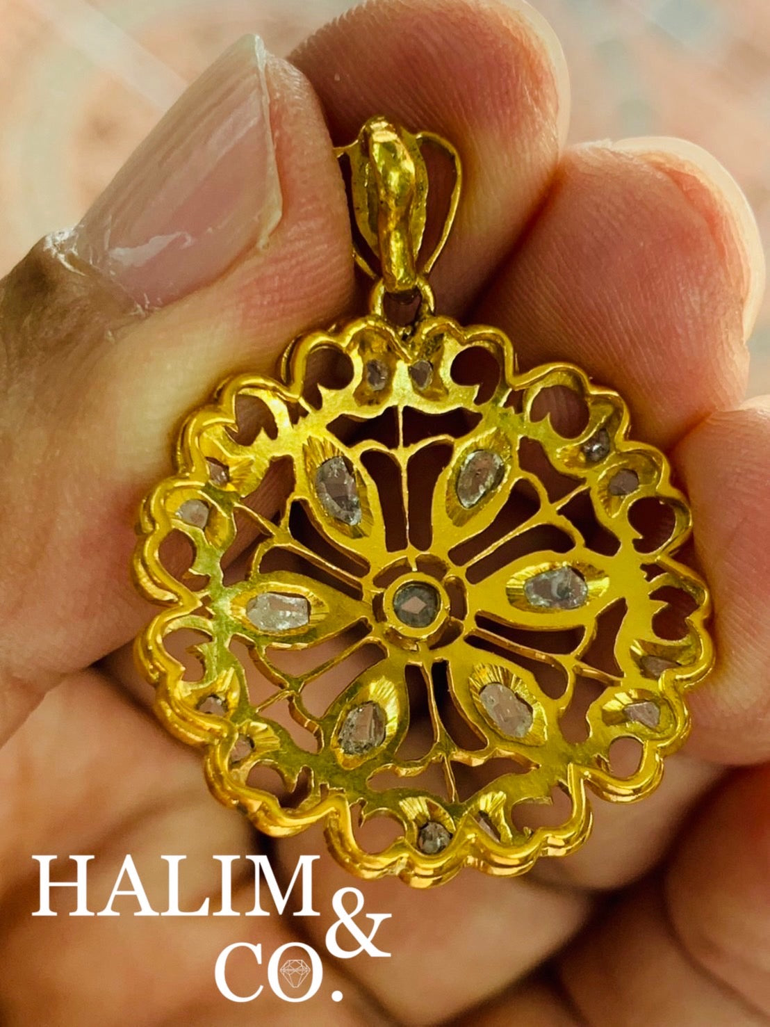 Antique Floral Polki Diamond Pendant With 10k Gold. Kebaya Jewelry / Peranakan Nyonya Jewelry