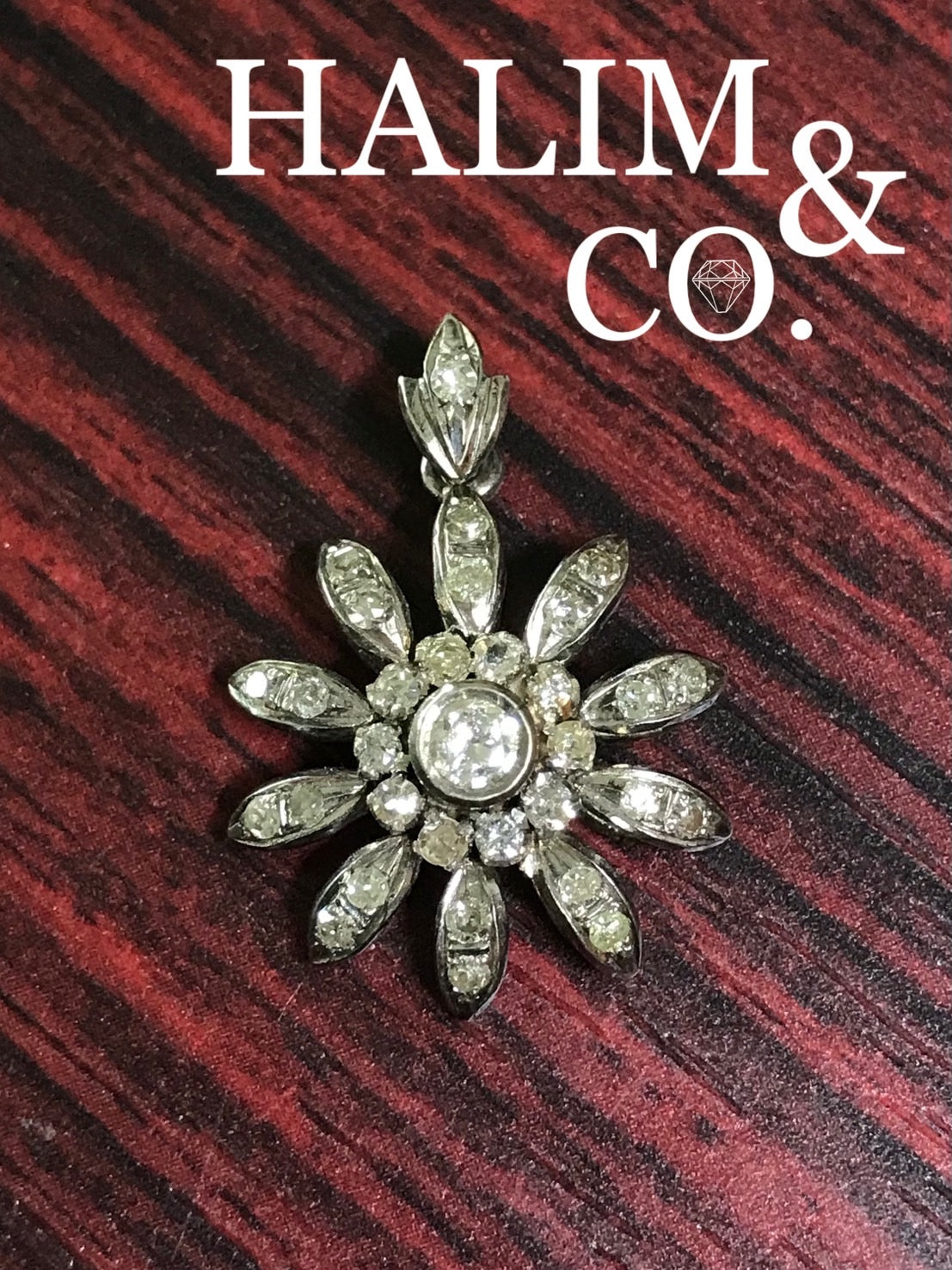 Antique Old Brilliant Cut Diamond Flower Pendant With Old White Gold. Kebaya Jewelry / Peranakan Nyonya Jewelry