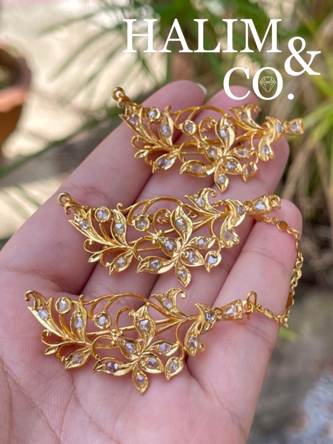 A gorgeous set of three antique gold brooches set with polki diamonds with patterned chains. Kebaya Jewelry / Peranakan Nyonya Jewelry